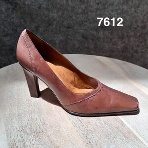 Paez Brown Leather Square Toe Pumps Block Heel Made in Peru Size 36 Womens Heels